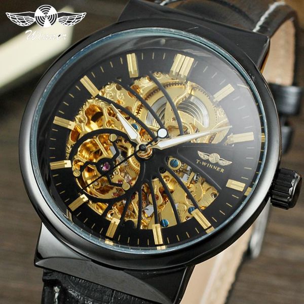 

wristwatches winner fashion casual men black automatic mechanical watch leather strap skeleton dial genuine watches, Slivery;brown