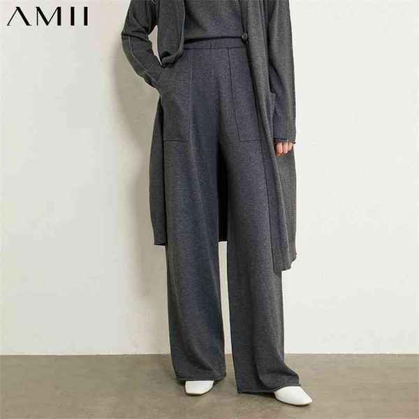 

minimalism autumn winter causal women's pants fashion solid elastic waist knitted loose female wide leg 12040424 210527, Black;white
