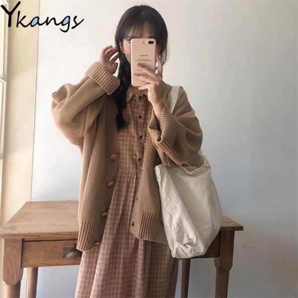 

autumn winter 2pcs set women korean kawaii cardigans single breasted sweaters and half sleeve plaid dress japanese loose suit 210421, White