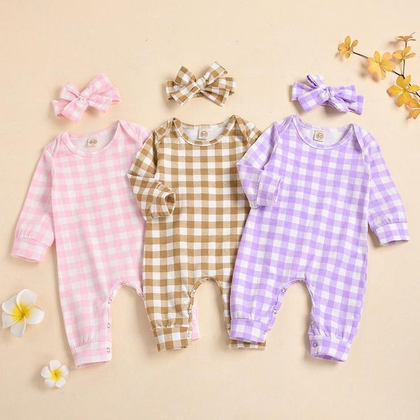 

clothing sets 0-18months autumn and winter baby girl long-sleeved round neck plaid print romper+hair tie suit morandi color stuff m4, White