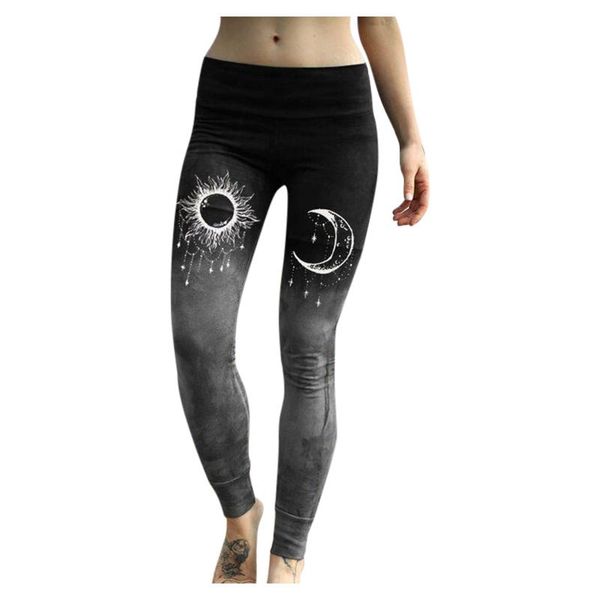 

women's leggings fashion high waist women push up sport fitness sun moon print ankle length polyester streetwear legging, Black