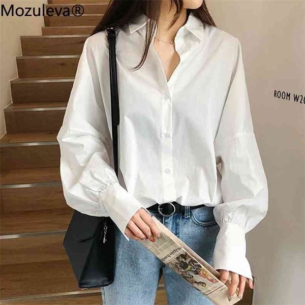 

vintage oversized women shirt blouses turn-down collar lantern sleeve female workwear shirts blusas 210416, White