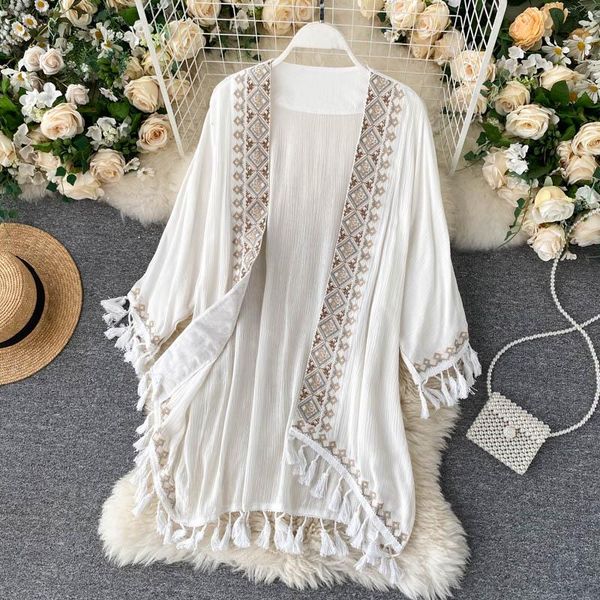 

white cotton ethnic embroidery kimono robe woman long blouse cardigan ssummer boho beach tassle bohemian bikini cover up women's swimwe, White;black