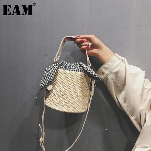 

shoulder bags [eam] women small straw bucket drawstring plaid bow personality all-match crossbody bag fashion tide 2021 18a2279