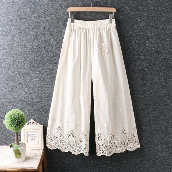 

summer sweet elastic waist water women pants soluble embroidery loose cotton and linen wide legged ht2060, Black;white