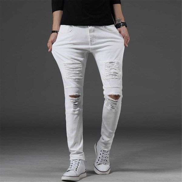 

new style men's black jeans korean ripped stretch slim denim trousers male casual fashion brand pants pencil pants x0621, Blue