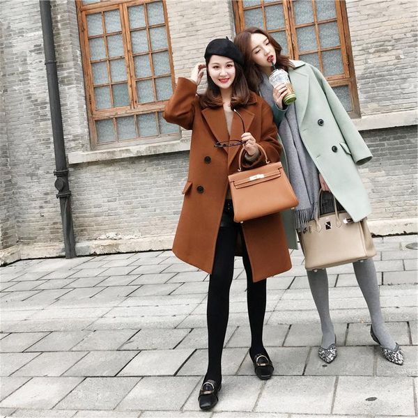 

women's wool & blends office lady long coat for women pockets solid turn-down collar and jacket double breasted clothes 2021, Black