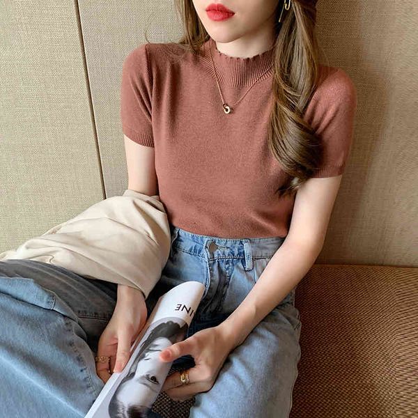 

summer knitted sweater pullovers short sleeve turtleneck thin sweater for women female slim jumper office lady clothing 210412, White;black