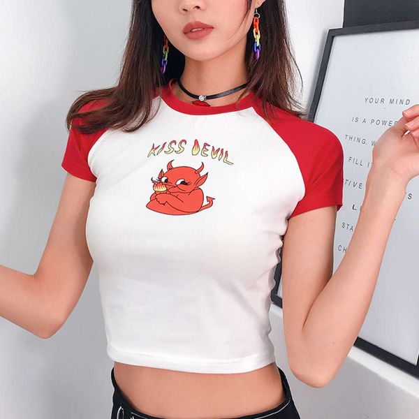 

women's t-shirt 2021 summer short fun devil print casual female 3vpl, White