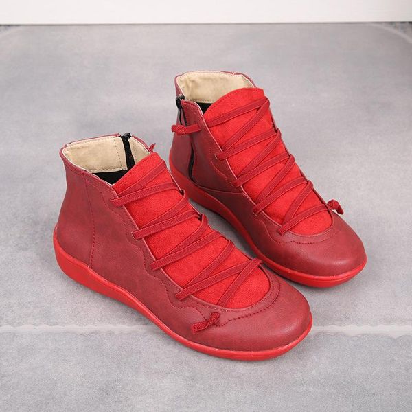 

boots women winter snow pu brown leather ankle flat shoes 2021 short cross strappy vintage zipper lace up rubber bottom, Black