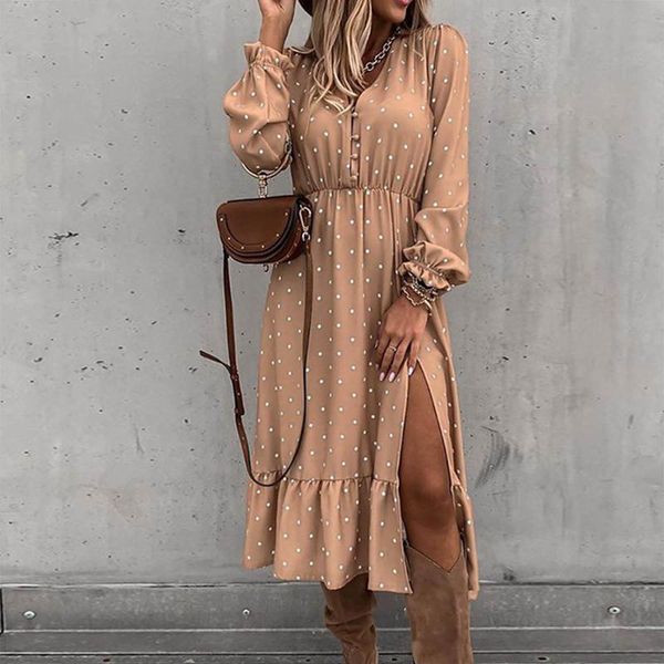 

casual dresses fashion elegant for women print solid v-neck long sleeved bifurcation loose longuette dress dots women's midi, Black;gray