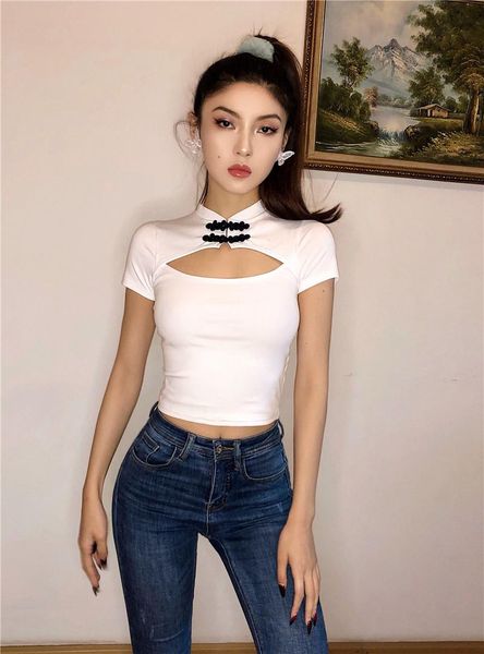 

women's t-shirt summer street solid color tight skinny short women, chest opening national style was thin short-sleeved, White