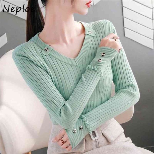 Autunno Chic Button Women Donne Pullover Modo Solido Colore Top inverno Plus Velvet V-Neck Sweater Femme 1F535 210422