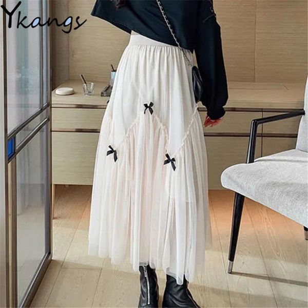 

skirts sweet tulle pleated skirt women bow mesh lace school wear high waist long skrit 2021 elegant midi summer autumn streetwear, Black