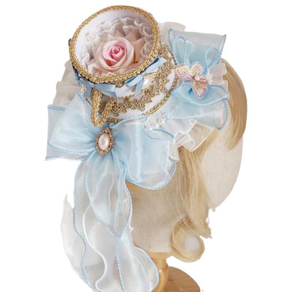 

stingy brim hats lolita vintage round hat ruffled lace bow pearl pendant tea party bonnet cap hair clip royal anime cosplay headpiece, Blue;gray