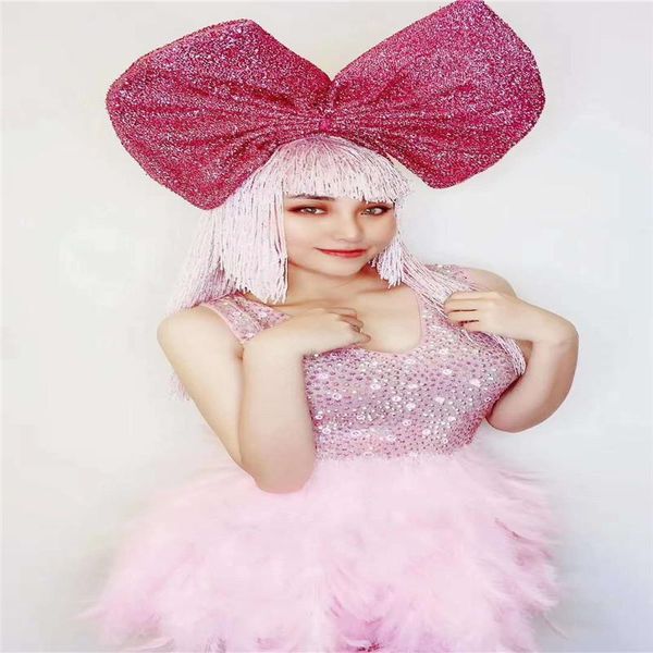 

party decoration h77 tight feathers backless bodysuit singer cute dancer dress diamond wig bow-knot clothe sleeveless high costume clu