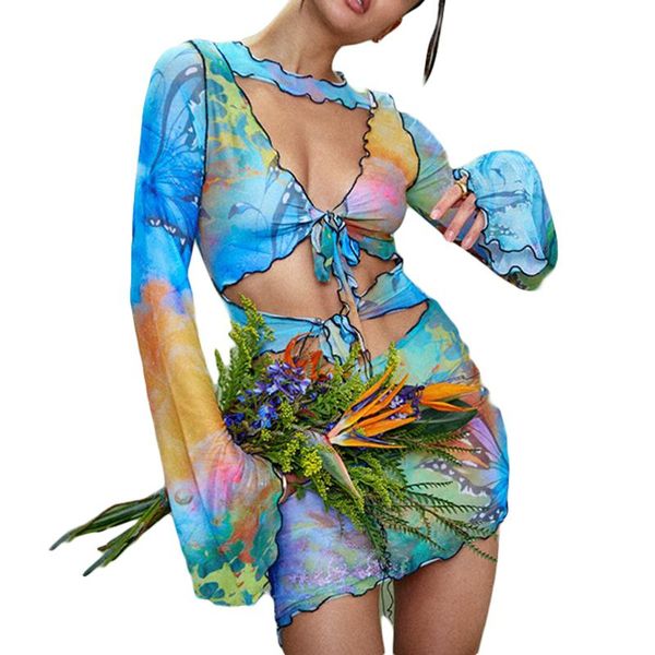

casual dresses summer women trendy personality butterfly print mini dress long sleeve deep v-neck hollow out lace-up bodycon, Black;gray
