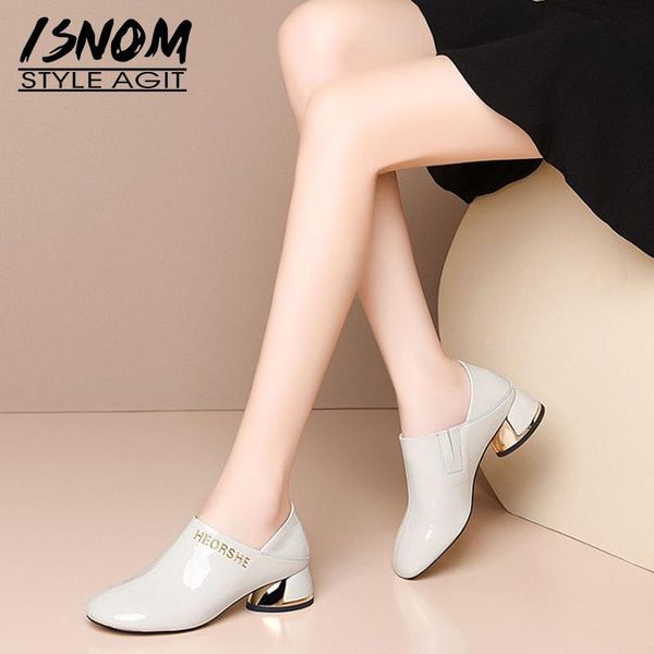 

dress shoes isnom patent leather pumps woman mules hoof heels ladies footwear casual chunky heel square toe women, Black