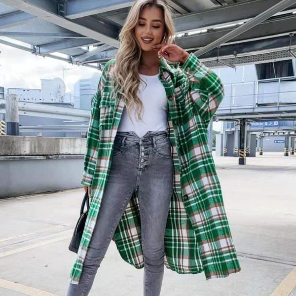 

women's jackets 2021 autumn spring plaid print long shirt jacket women casual loose sleeve button coat streetwear outfits overcoat 3xl, Black;brown