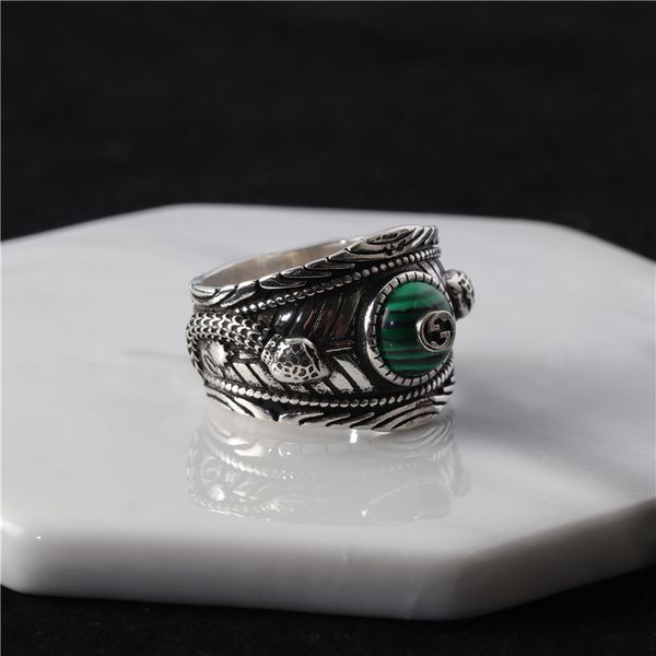 

ladies fashion jewelry ancient pure silver old double snake head emerald malachite ring with generous personality, male and female lovers hi