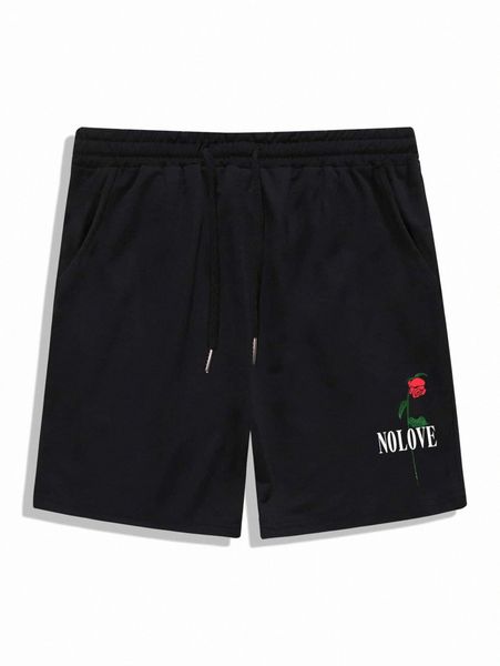 

romwe guys floral & letter graphic drawstring shorts y3hp#, Black