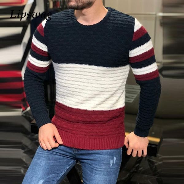 

men's sweaters autumn winter warm thick slim knitted sweater mens fashion o-neck jumpers men casual patchwork striped long sleeve, White;black