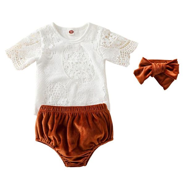 

clothing sets baby girls 3pcs summer outfits short sleeve floral lace romper + shorts headband set, White