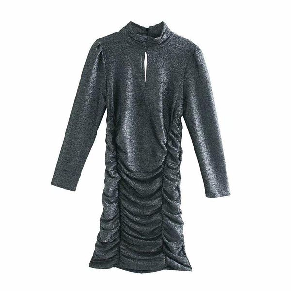 

evfer women autumn spirnt fashion metal color shinny gray mini dresses female elegant long sleeve turtleneck pleated slim dress casual, Black;gray