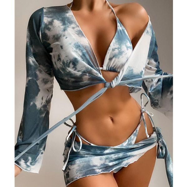 

women's swimwear 4 piece set ladies split swimsuit tie-dye bikini biquini bathing suit beachwear 2021 designer, White;black
