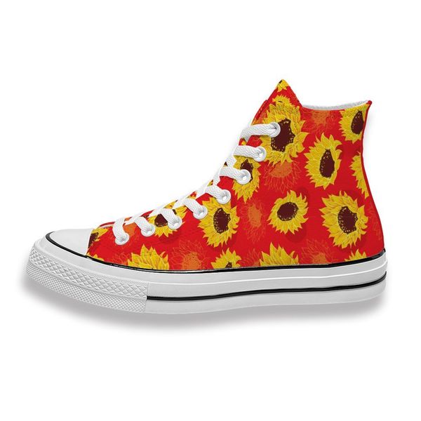 

custom printed yellow sunflower in red background sneakers high mens womens running sho skateboard diy trainers canvas casual shoe