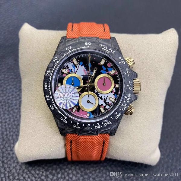 

wwf mens watches 40mm 7750 chronograph movement double-sided electroplating high permeability film process mirror carbon fiber luxury watch, Slivery;brown
