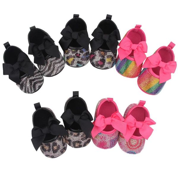 

stylish baby girls bowknot leopard crystal drill pointe shoes soft non-slip first walking party princess 0-18m mar 25 walkers