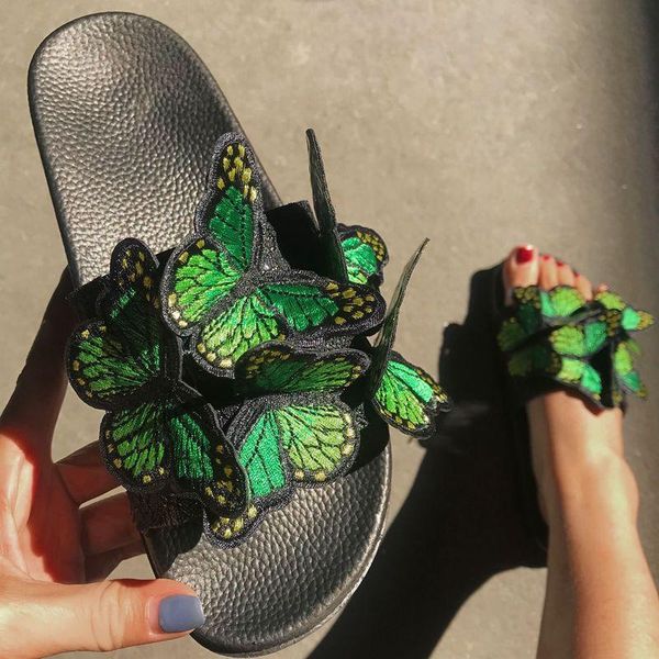 

slippers women sandals summer flip flops flat platform butterfly embroider peep toe casual slides female ladies shoes zapatos de mujer, Black