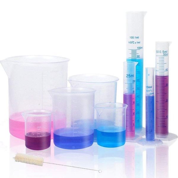 

lab supplies plastic graduated cylinders and beakers, 10ml 25ml 50ml100ml with 50ml,100ml 250ml 500ml 1000ml beakers 1 tube brush