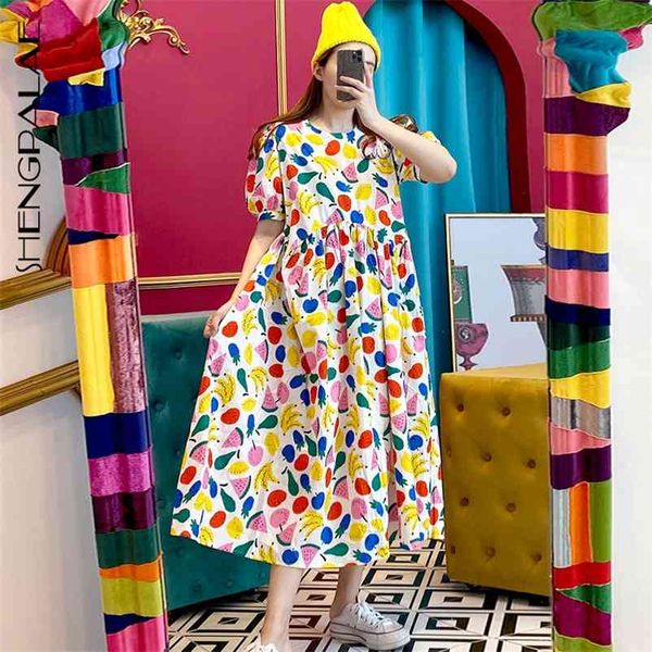 

shengpalae new summer women vintage loose high waist slim was thin elegant fruit printing big swing maxi dress za4803 210331, Black;gray