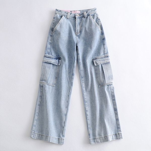 

jeans shredded pockets high-waisted denim pants woman streetwear straight jean femme blue 100% cotton cargo