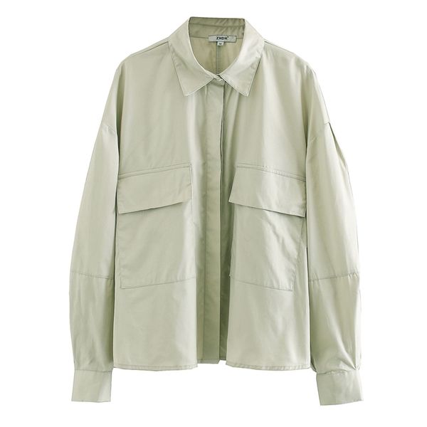 

stylish chic solid pockets blouses women fashion turn-down collar shirts elegant ladies long sleeve 210531, White