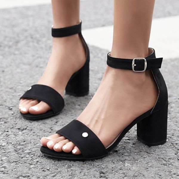 

dress shoes fanyuan sandals flock open-toed summer ladies pumps fashion buckle hollow women square high heel all match, Black