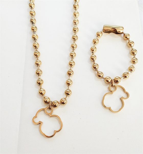 

stainless steel jewelry set gold-plated round beaded chain necklace game bracelet bear hollow pendant gifts, Silver