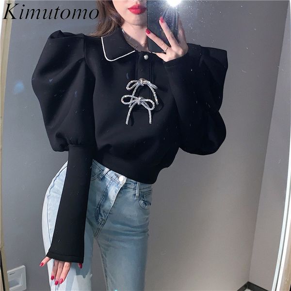 

kimutomo women elegant solid t-shirt korea chic female turn-down collar bow buttons puff sleeve all-matching casual 210521, White