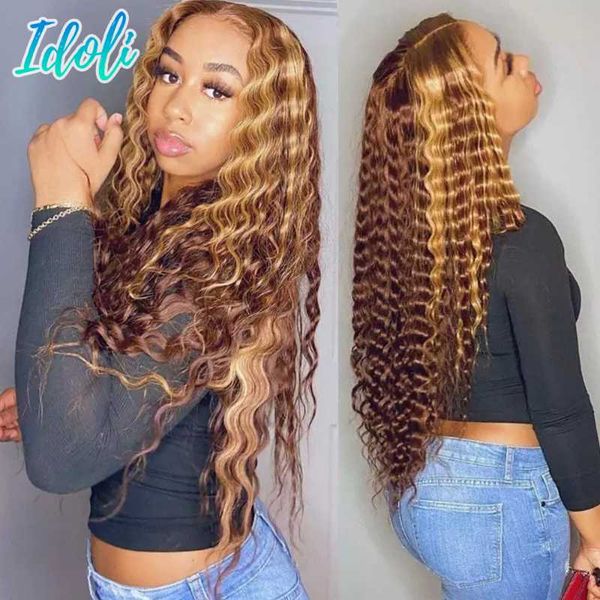 

lace wigs 4/27 highlight deep curly front human hair ombre 13x4 wave frontal wig colored, Black;brown