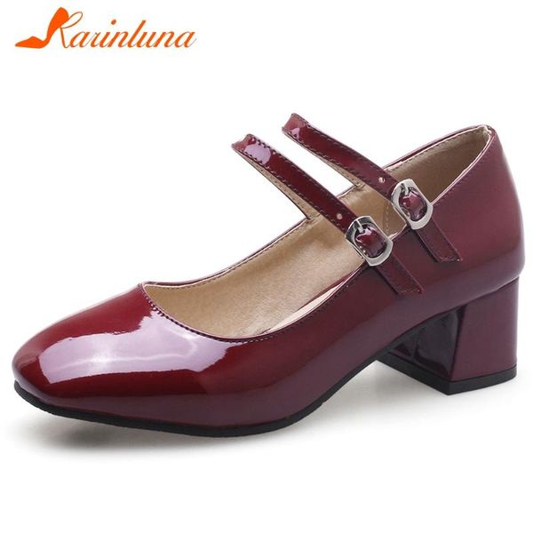 

big size 28-43 female pumps square toe med heels with buckle women solid office sweet shoes woman dress, Black