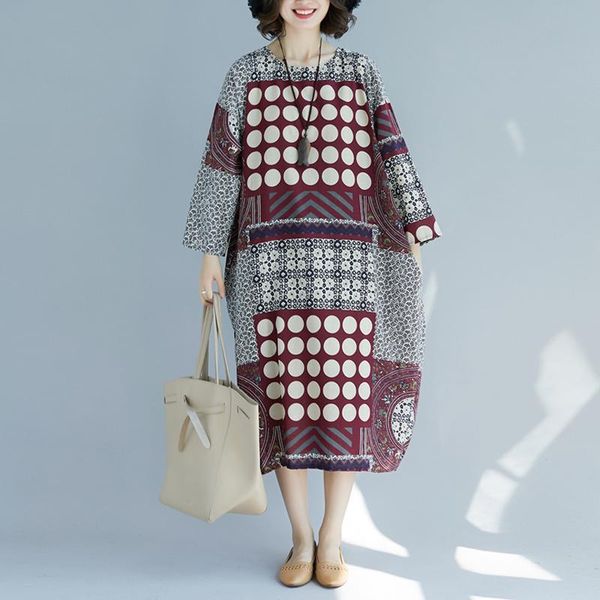

casual dresses 2021 spring summer ladies polka dot floral woman dress cotton linen long sleeve vintage women plus size, Black;gray