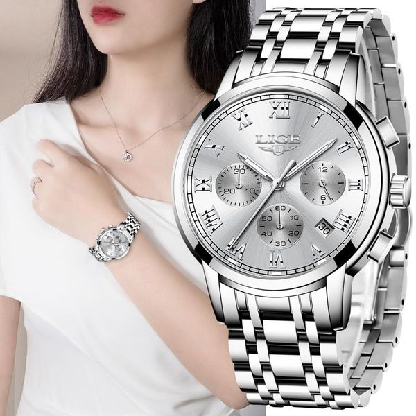 

wristwatches lige 2021 fashion women watches ladies creative steel bracelet female quartz waterproof watch, Slivery;brown