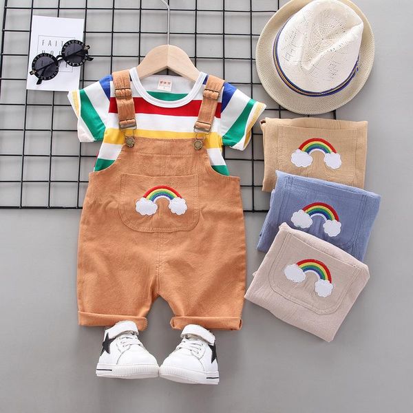 

clothing sets kid outfit stripe t-shirt suspender pants with front pocket o-neck clorful shoulder button edge curl, White