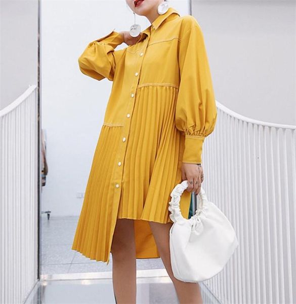 

casual dresses women's loose large medium length irregular shirt dress fashion personality pleated collar long sleeve springsummer, Black;gray