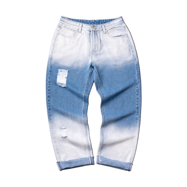 

gradient color straight jeans mens fashion washed retro casual jeans pants men streetwear loose hip hop denim trousers mens, Blue