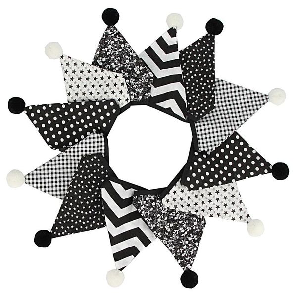 

party decoration fabric black white triangle banner bunting flags vintage pom cotton pennant for home baby birthday hanging