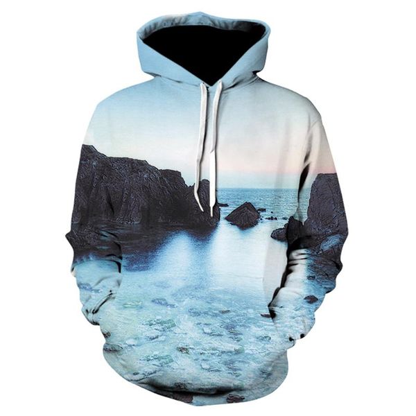 

men's hoodies & sweatshirts funny hoodie seaside landscape print 3d sweatshirt pullover hooded couple jacket, Black