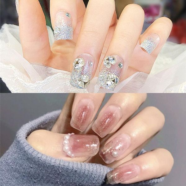 

false nails 24pcs women and girls square press on detachable medium long length full cover rhinestone pearl fake, Red;gold